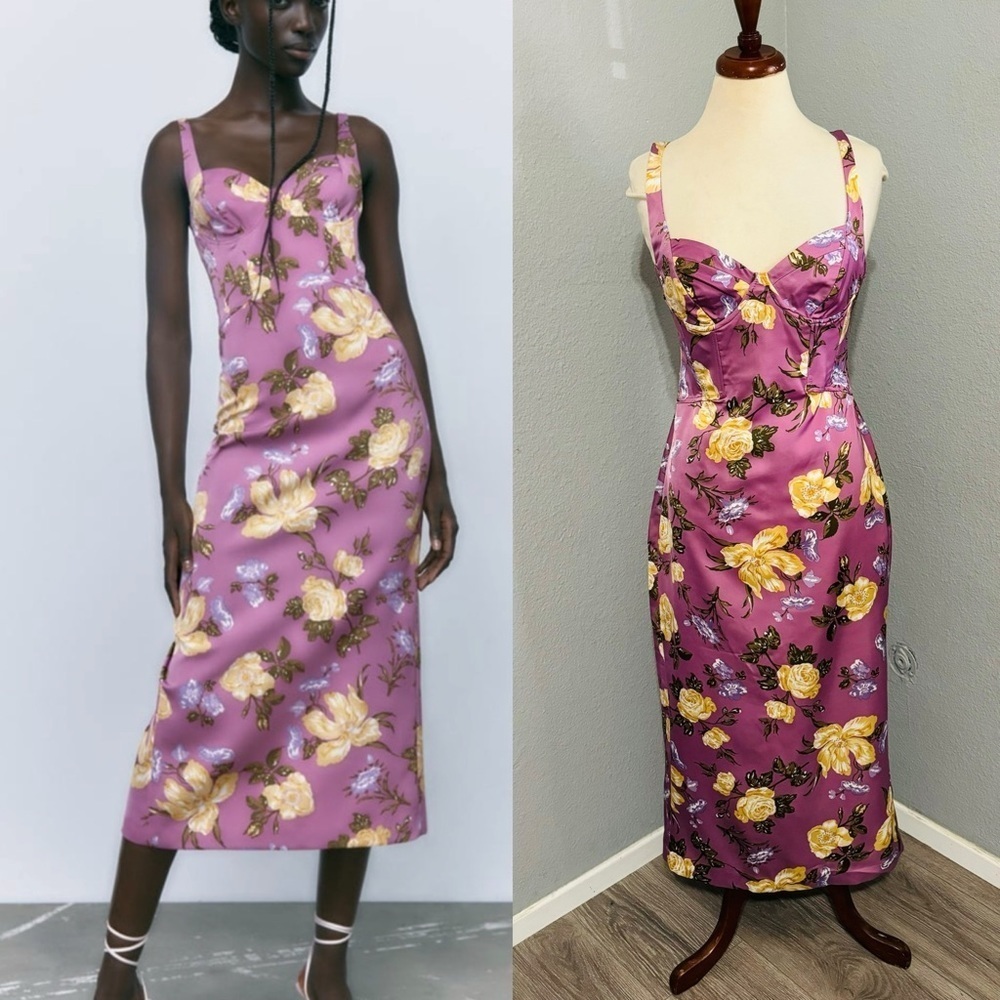 Zara Mauve Pink Floral Midi Dress